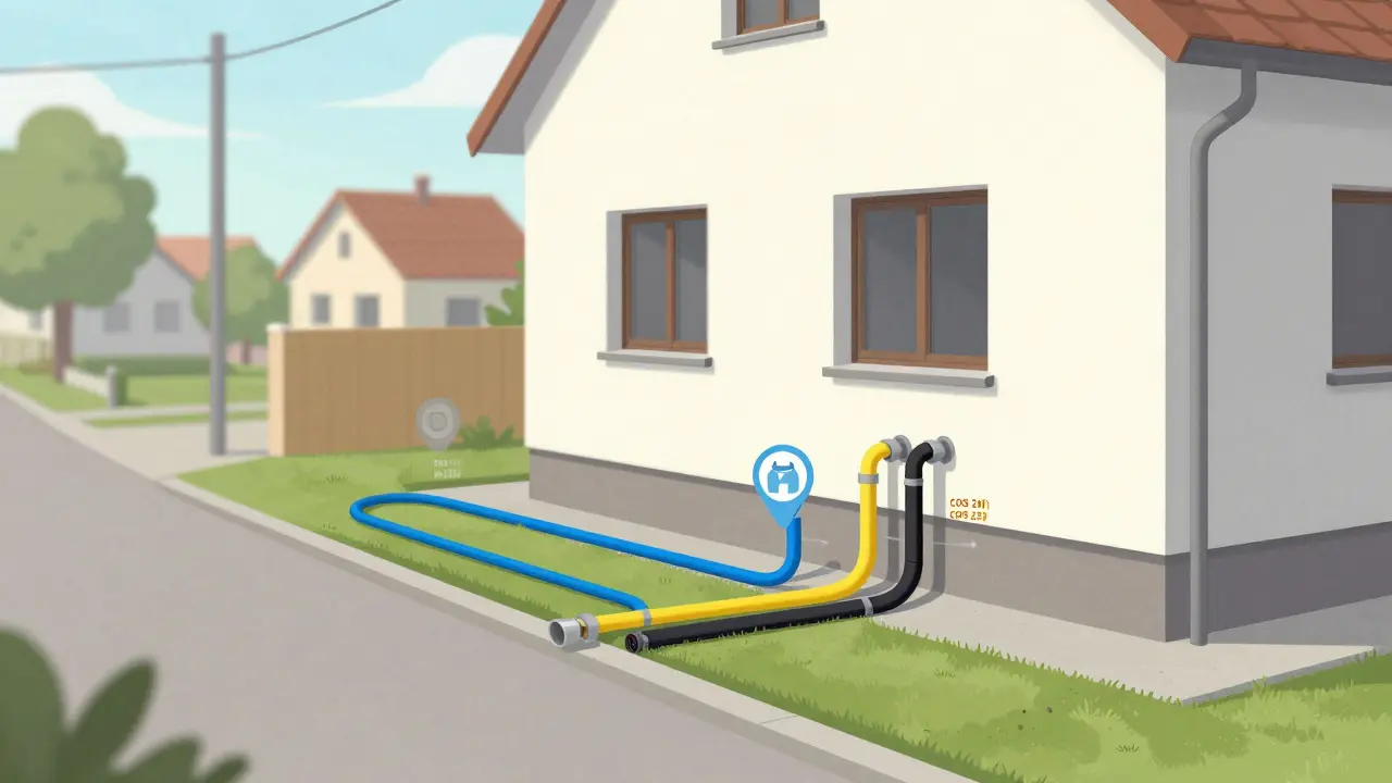 Modernes Einfamilienhaus mit vier sichtbaren Versorgungsleitungen, die am Grundstücksgrenze zusammenlaufen.