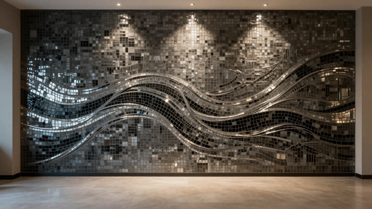 Mosaik als Akzentwand hinter dem Sofa wirkt wie ein kunstvolles Gemälde aus Glas und Metall.