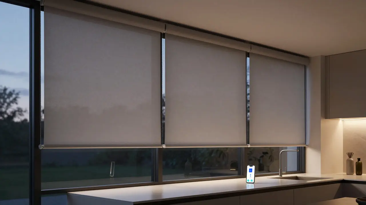 Motorisierte Rollos mit Photovoltaik-Technik senken sich in einer modernen Küche bei Dämmerung.