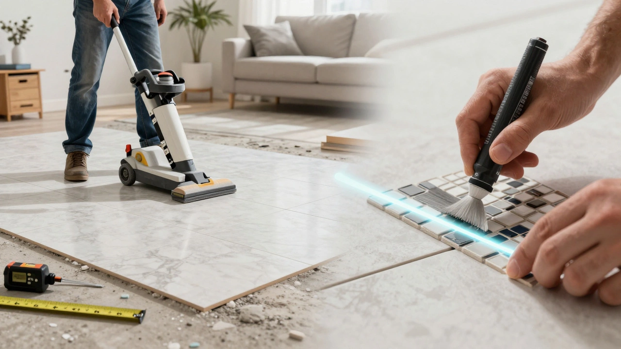 Professionelle Verlegung von Großformatfliesen neben innovativem antibakteriellem Fugenmaterial.