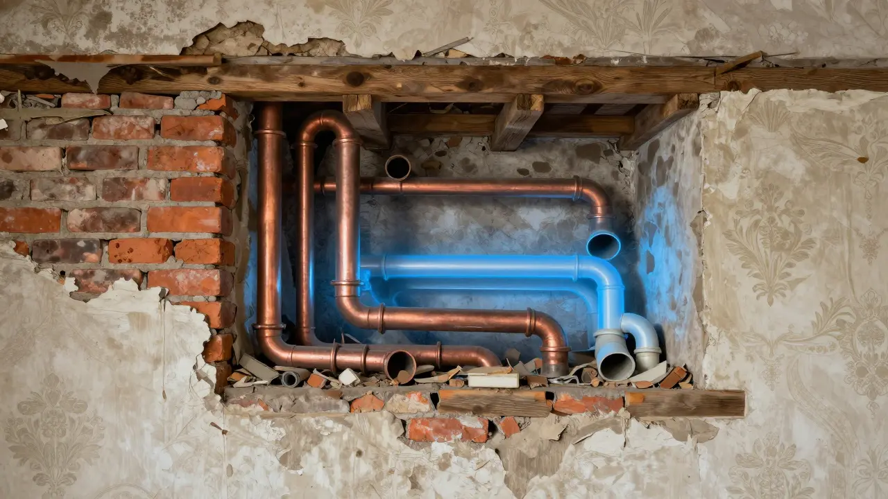 Querschnitt durch eine alte Wand mit verborgenen Leitungen, modernes Scan-Overlay zeigt versteckte Rohre.