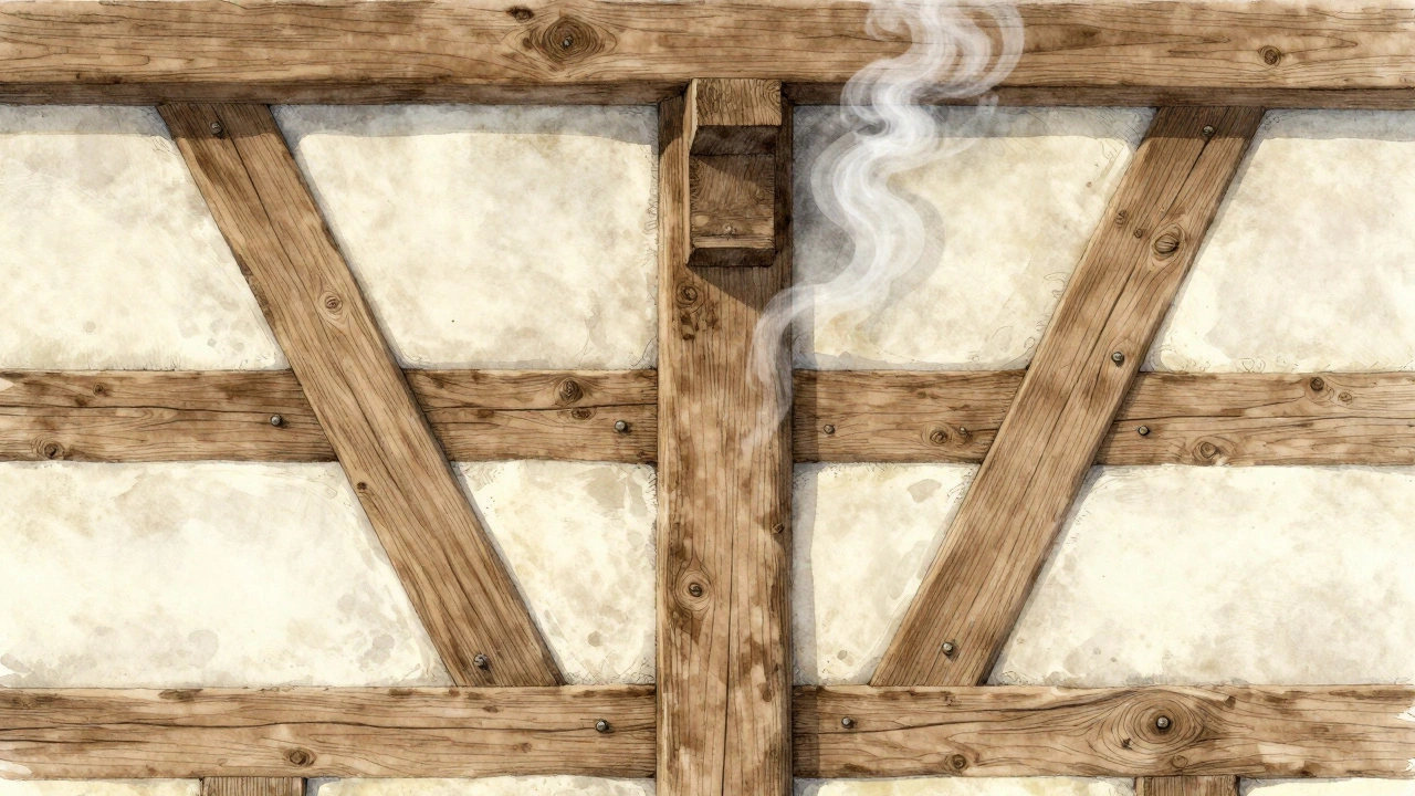 Querschnitt eines Fachwerkwalls mit Lehm, Hanf und Kalkputz – ohne Dampfbremse.