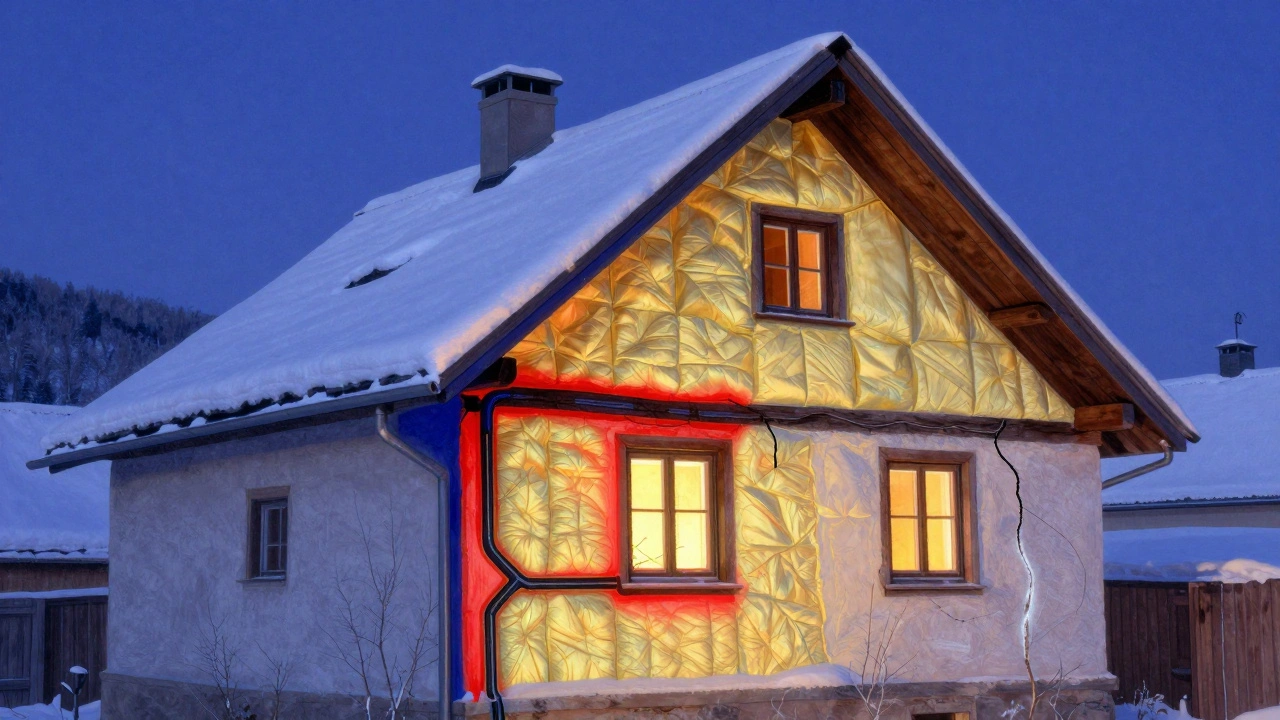 Schnitt durch ein Haus mit sichtbaren Wärmebrücken an Dachanschluss, Fenster und Kabeldurchführungen.