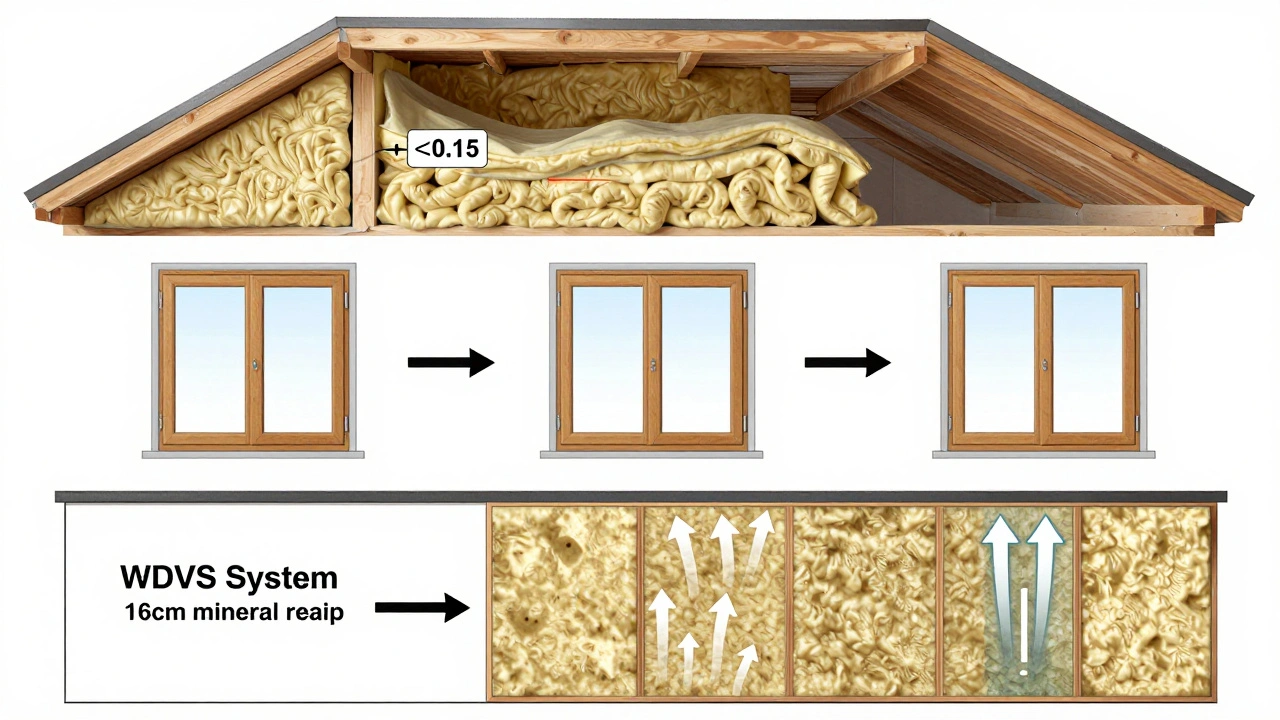 Schritt-für-Schritt-Dämmung eines Dachbodens, Fensteraustausch und WDVS-Anbringung an der Fassade mit korrekten U-Werten.