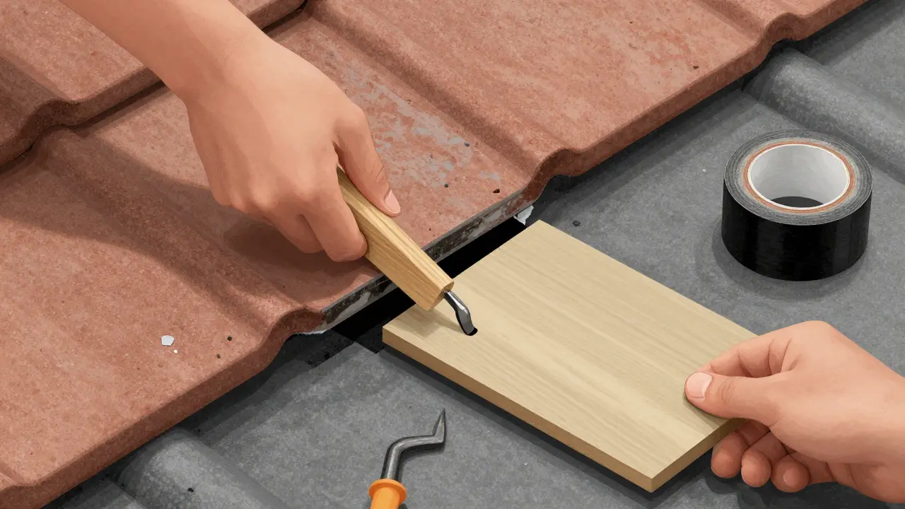 Schritt-für-Schritt-Reparatur eines Dachziegels mit Holzkeil, Zange und neuem Ziegel, Werkzeuge daneben.