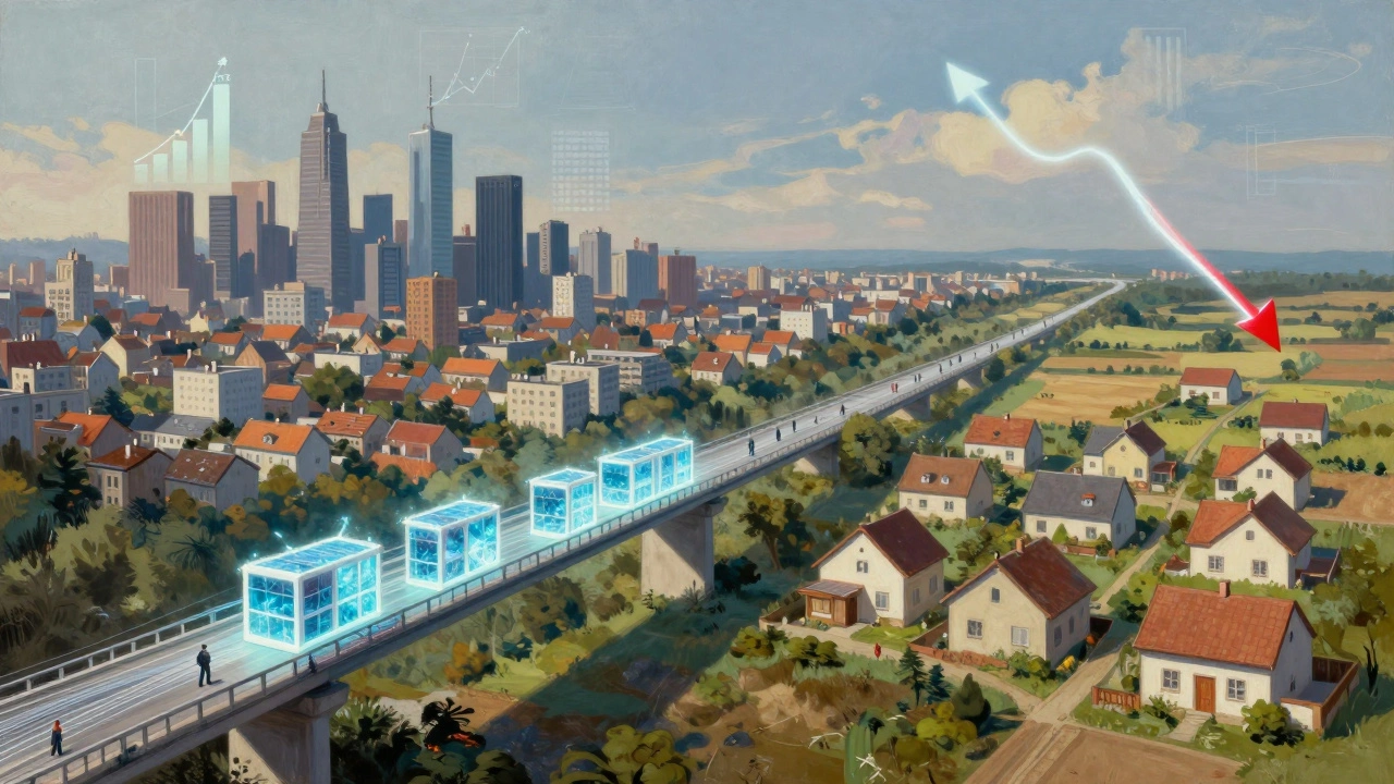 Split landscape showing crowded city and empty countryside connected by a bridge of renovated homes and internet cables.