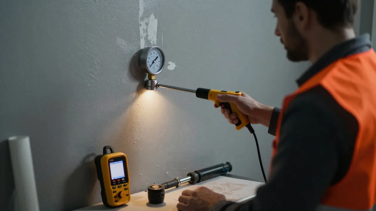 Techniker misst mit einem Haftprüfer die Festigkeit eines abblätternden Wandanstrichs.