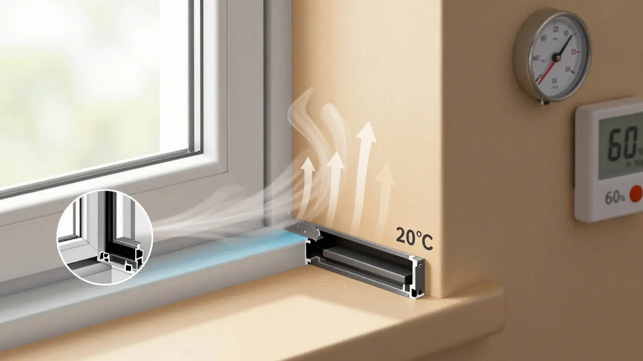 Technische Darstellung einer Wärmebrücke an einem Fenster mit Kondensation und Lüftungsschlitz.