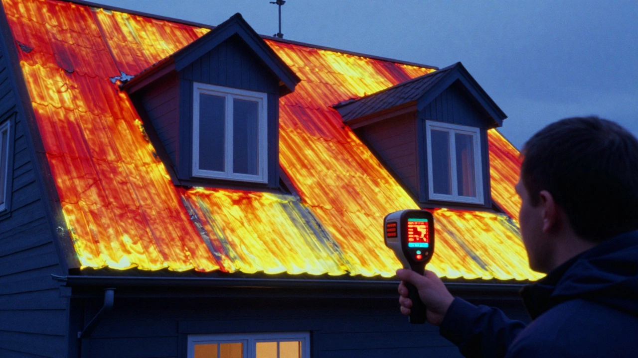 Thermografisches Bild eines Daches mit Wärmeverlust und Feuchtigkeitsschäden.