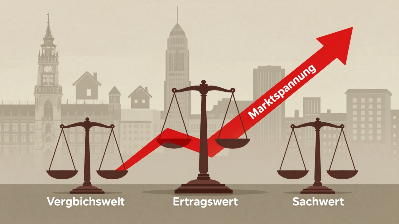 Three valuation methods shown as scales, one tipping under pressure from rising market tension.