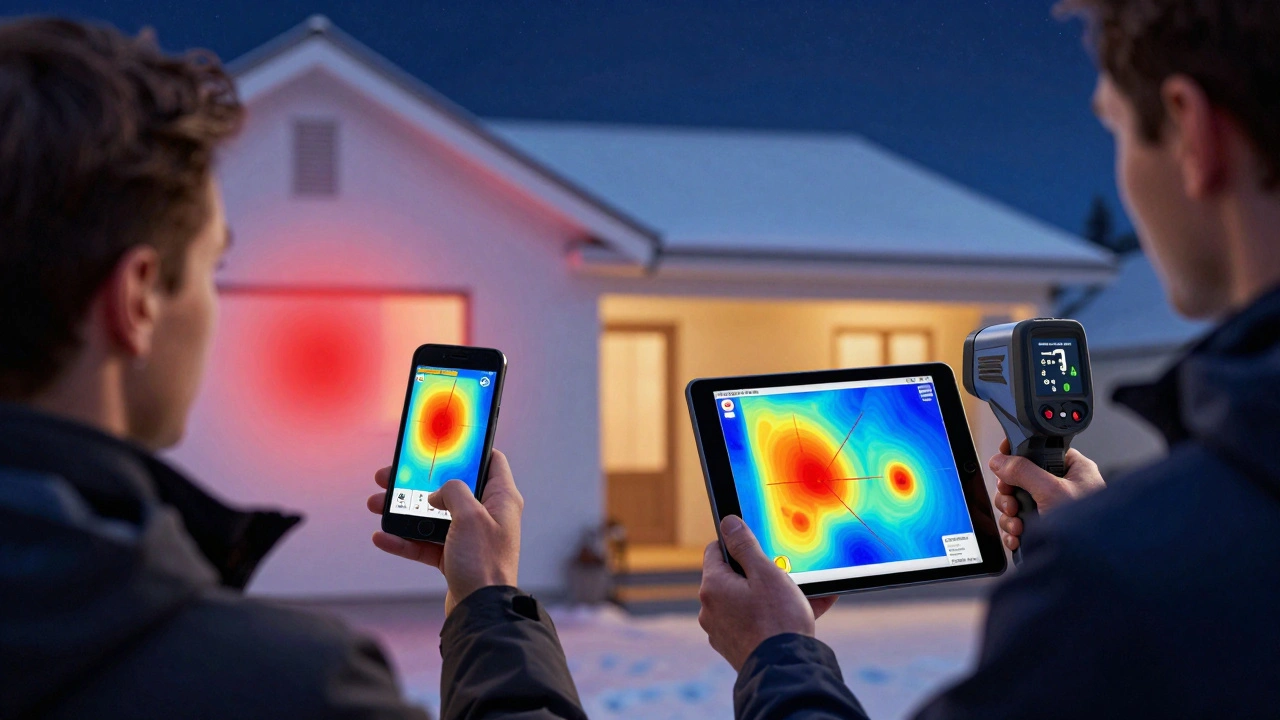 Vergleich: Billige Thermokamera mit unscharfen Bildern vs. professionelle Kamera mit präzisen Wärmeabbildern.