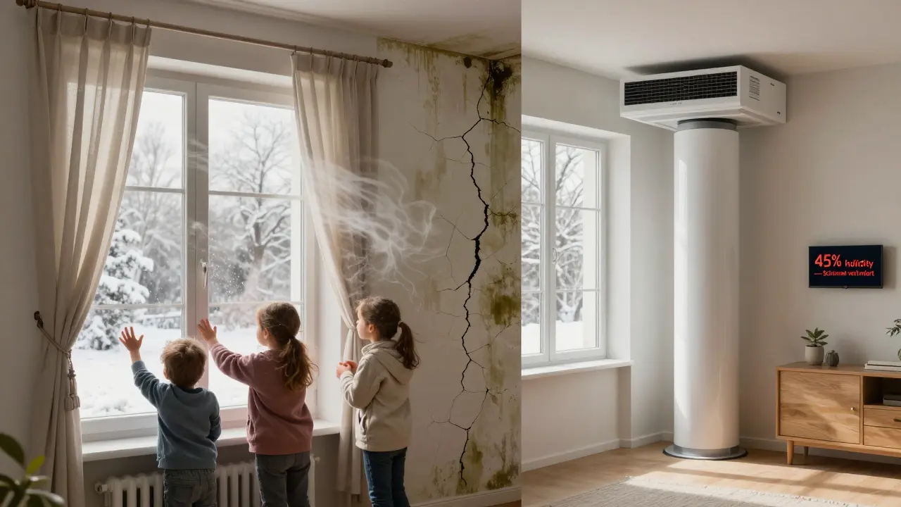 Vergleich: Stoßlüften links, kontrollierte Lüftung rechts – Schimmelbildung verhindert.