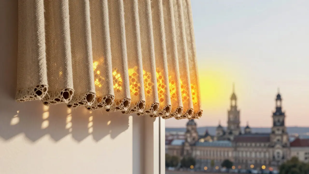 Vergrößerte Ansicht der zelligen Struktur eines Plissee-Vorhangs mit Wärmespeicher-Effekt.