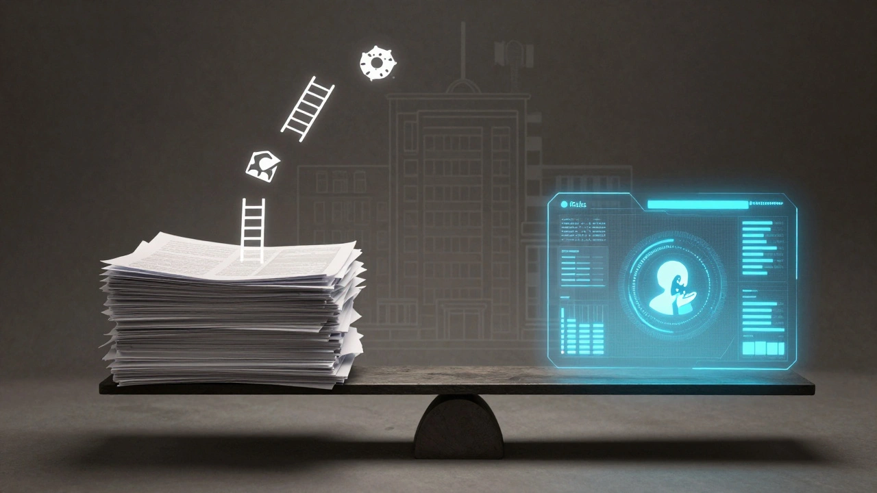 Waage zwischen papierbasierten Dokumenten und digitaler Compliance-Dashboard, symbolisiert Modernisierung des Arbeitsschutzes.