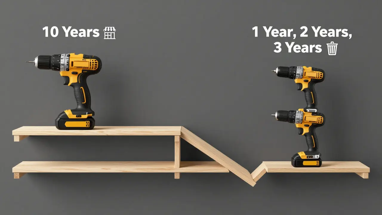 Zeitlinie: Ein langlebiges Profi-Werkzeug gegenüber drei Wegwerf-Billiggeräten, veranschaulicht den langfristigen Wert von Qualität.