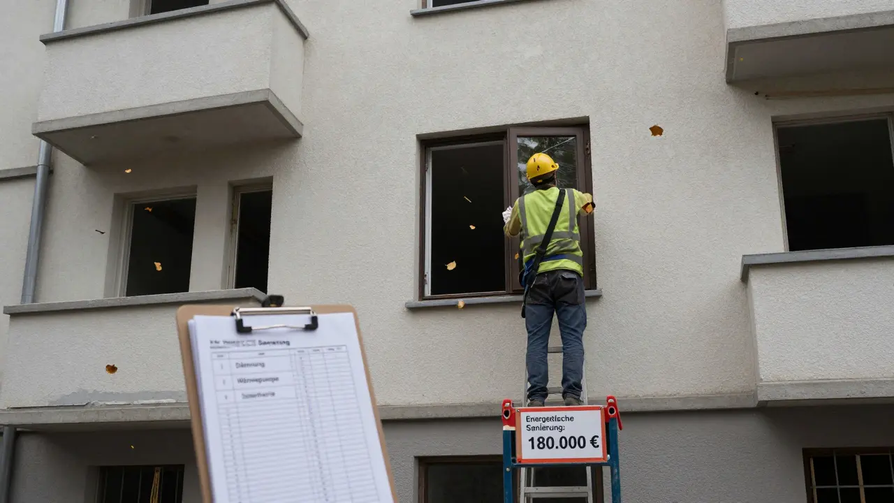 Arbeiter installieren energieeffiziente Fenster in einem Wiener Altbau, mit Schildern zu energetischer Sanierung.