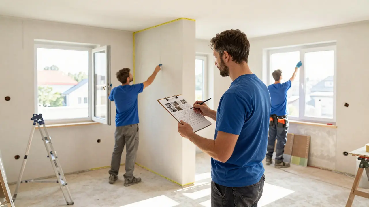 Bauberater koordiniert Handwerker bei fachgerechter Dämmung und Fensterinstallation.