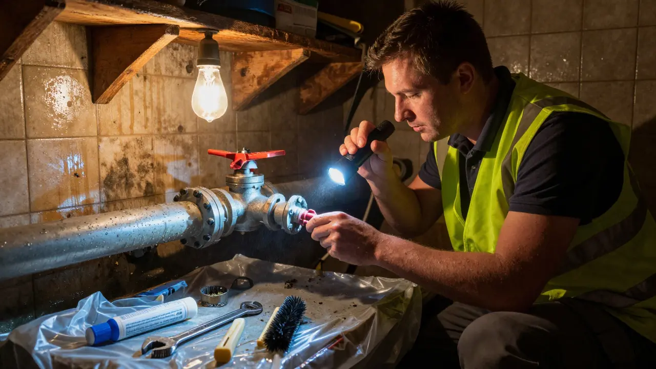 Ein Sanitärfachmann prüft eine Rückstauklappe im Keller mit einer Taschenlampe.