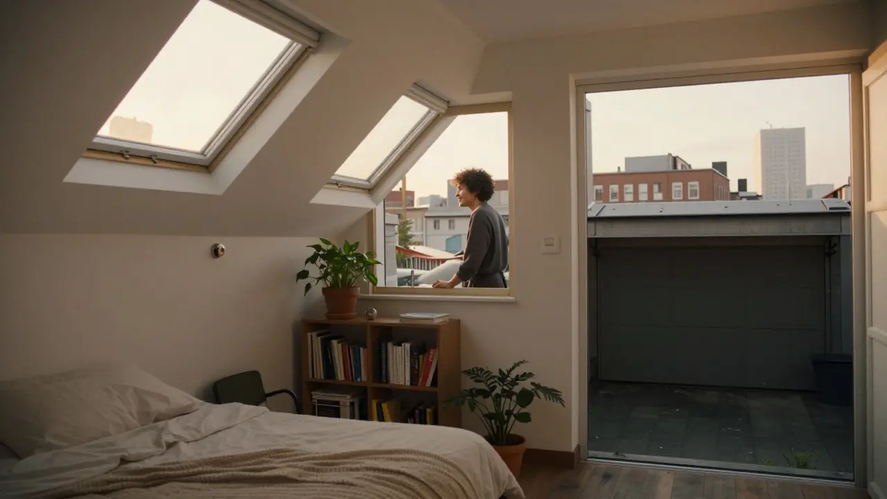 Ein sonniges Dachgeschossapartment mit Blick auf die Stadt, ein Beispiel für Umnutzung.