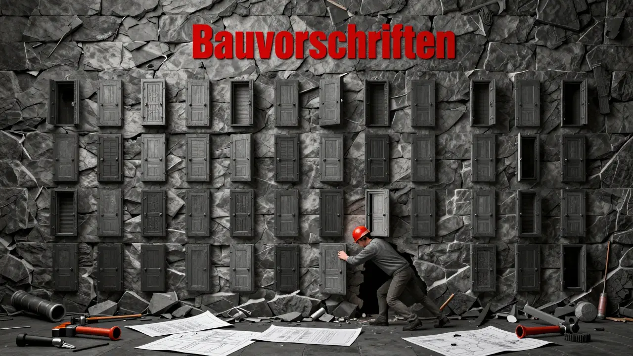 Eine massive Mauer mit 147 Türen symbolisiert bürokratische Hürden im Wohnungsbau.