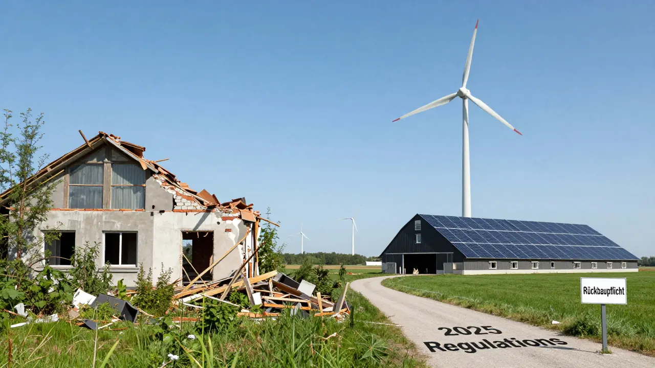 Gespaltenes Landschaftsbild: links abgerissenes Ferienhaus, rechts Windkraftanlage und Solaranlage mit Hinweis auf 2025-Vorschriften.