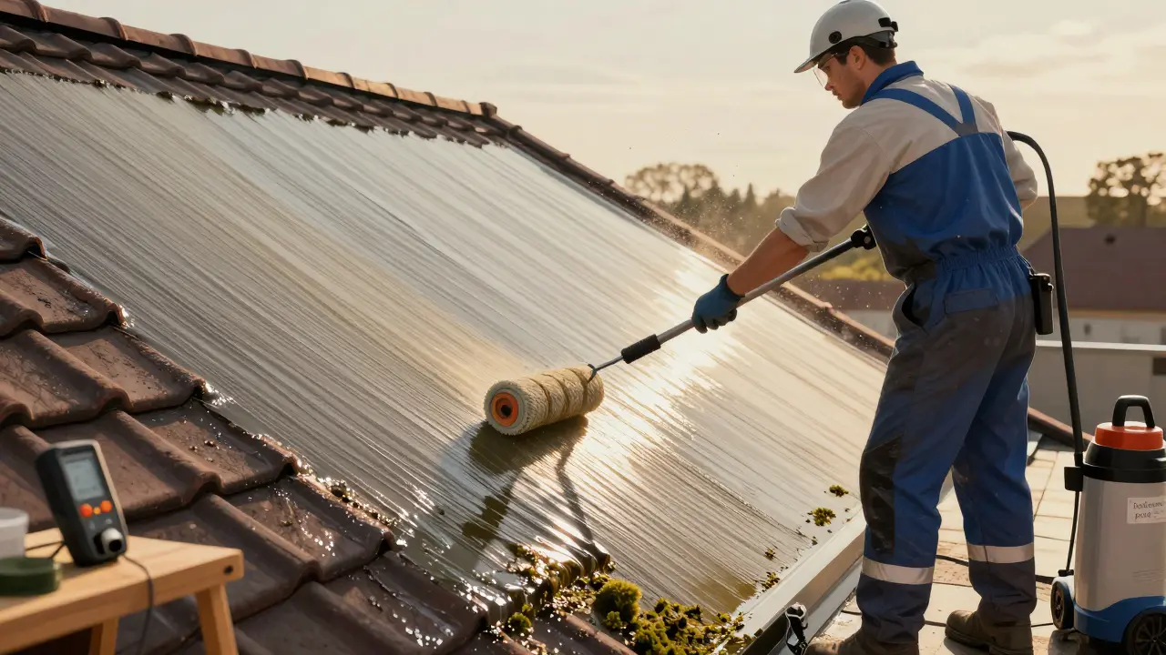 Handwerker bringt eine Dachbeschichtung auf einem geneigten Dach mit traditionellen Ziegeln an, während er die Oberfläche vorbereitet.