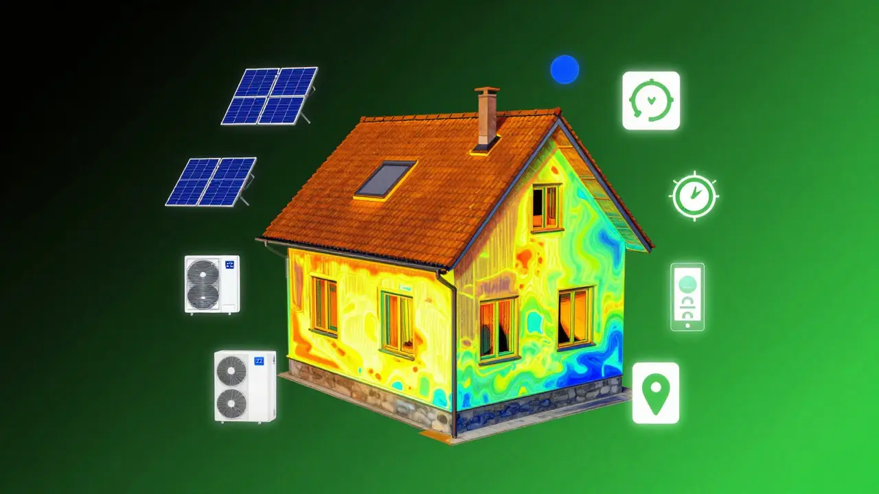 Haus mit thermischer Bildanalyse, die Wärmeverluste minimiert zeigt, umgeben von Symbolsymbolen für moderne Heiztechnik.