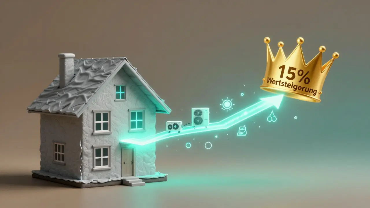 Haus verwandelt sich von energieverschwendend zu energieeffizient durch symbolische Aufwertungsschritte.