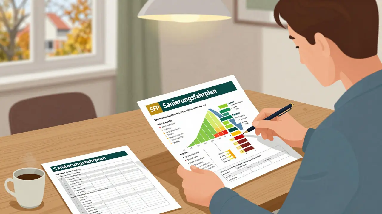 Hausbesitzer studiert den individuellen Sanierungsfahrplan mit Empfehlungen für Dämmung und Heizung.