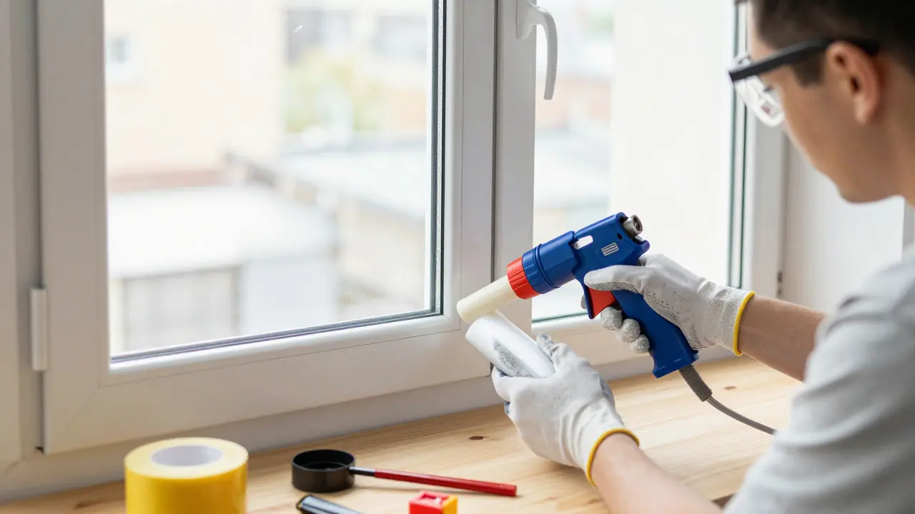 Heimwerker bringt PU-Schaum an einem Fensterrahmen an, mit sichtbaren Dichtungsschichten und Werkzeugen im Hintergrund.