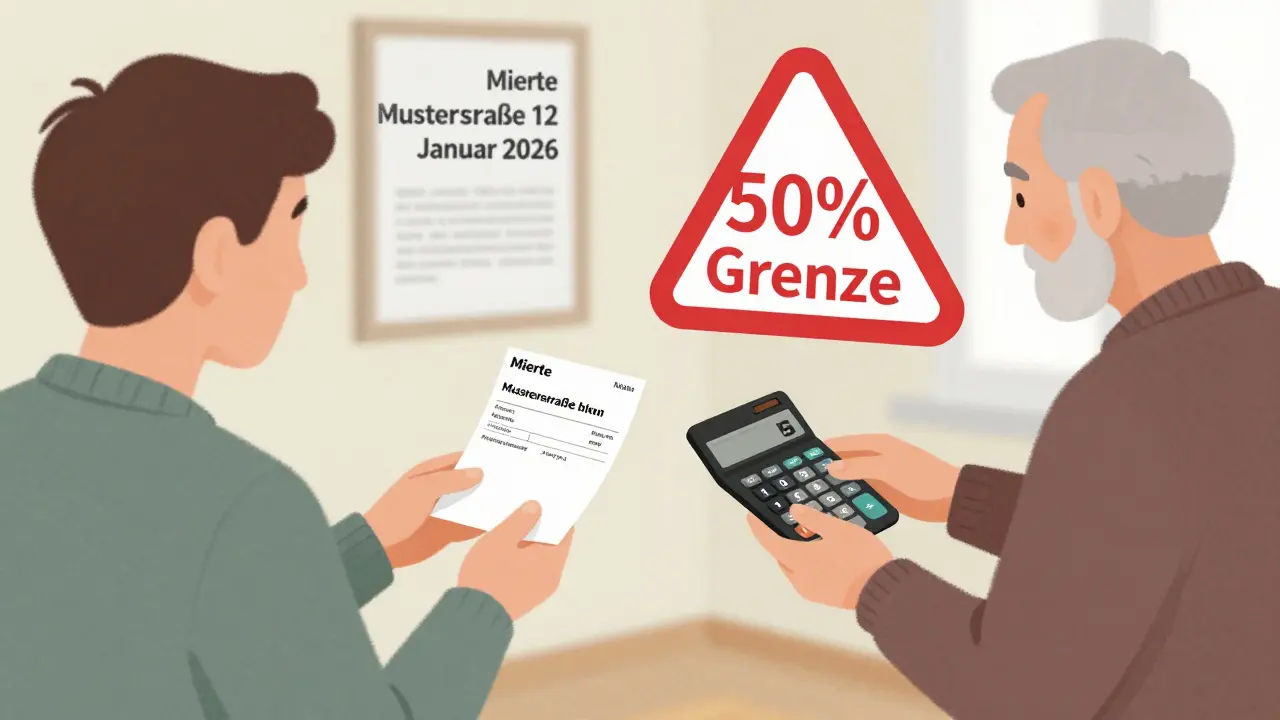 Junge zahlt Miete per Überweisung, während Elternteil sie erhält – 50%-Grenze als Warnsymbol.