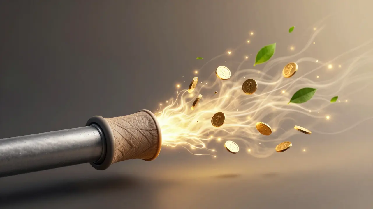 Künstlerische Darstellung eines Rohrs, das sich in Isolierung verwandelt, mit Energie- und Umweltsymbolen.