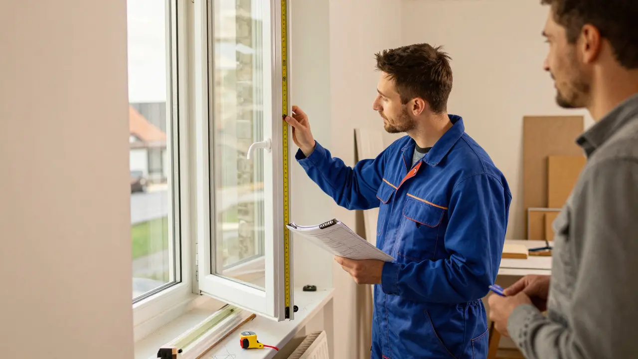 Meisterhandwerker inspectiert eine neu eingebaute Fensterkonstruktion in einem historischen Haus in Dresden.