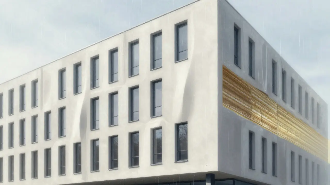 Moderne Fassade mit silikonharzgebundenem Putz, Regentropfen perlen ab, Dämmung sichtbar.