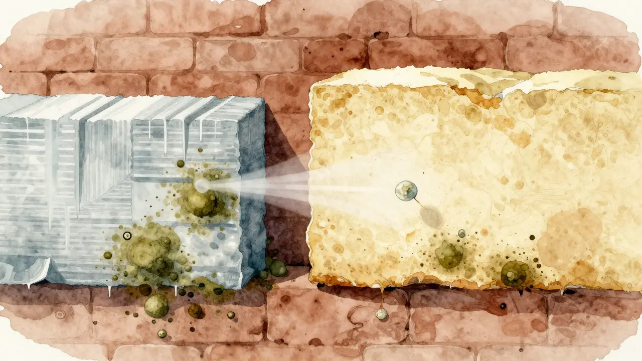 Querschnitt einer historischen Wand mit vergleichenden Dämmmaterialien und Feuchtigkeitsfluss.