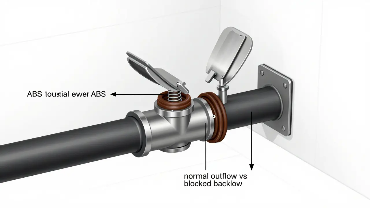 Querschnitt einer Rückstauklappe mit zwei verschlossenen Metallklappen in einer Abwasserleitung.