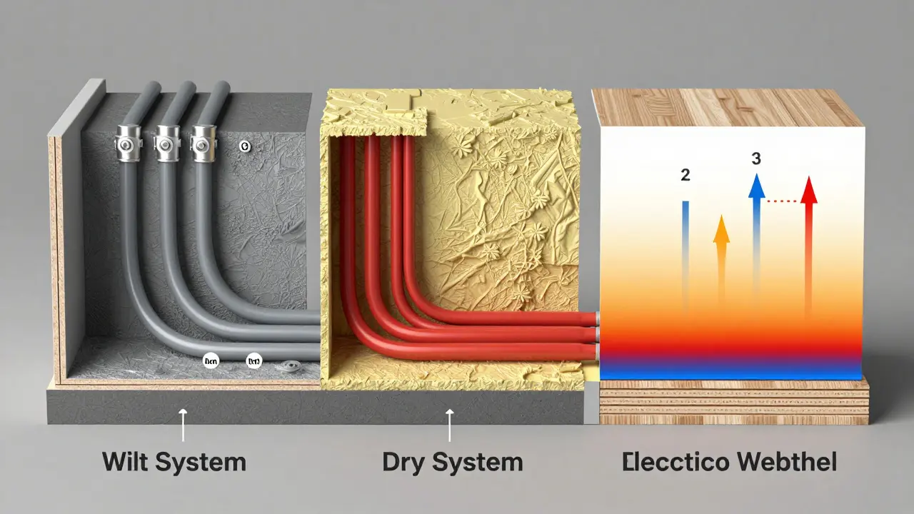 Querschnittsansicht dreier Fußbodenheizungssysteme mit Wärmeleitungen und Materialschichten.