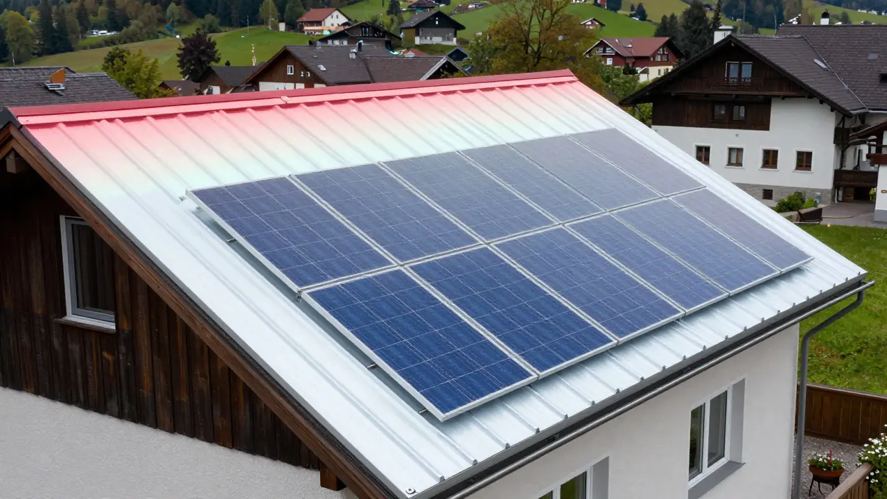Reflektierende weiße Dachbeschichtung senkt die Temperatur und unterstützt Solarzellen, dargestellt als kühle, energieeffiziente Lösung.