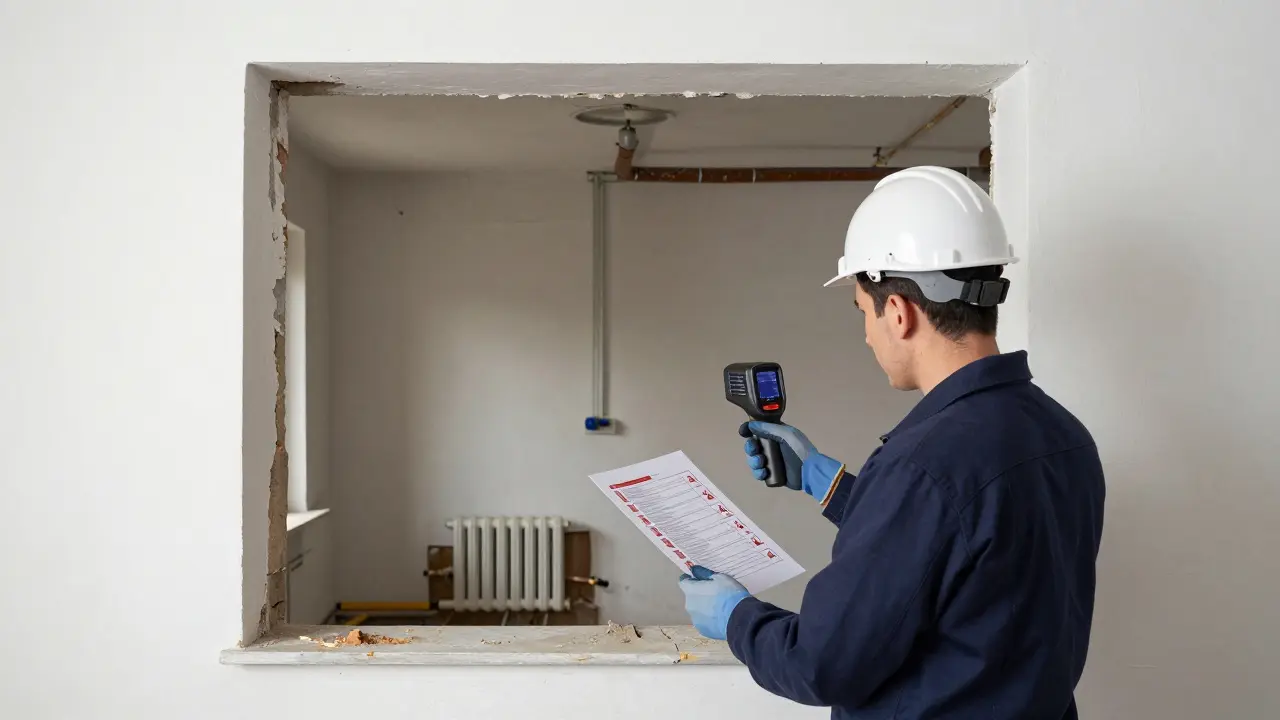 Sachverständiger untersucht versteckte Mängel in einem alten Mehrfamilienhaus mit Wärmebildkamera.