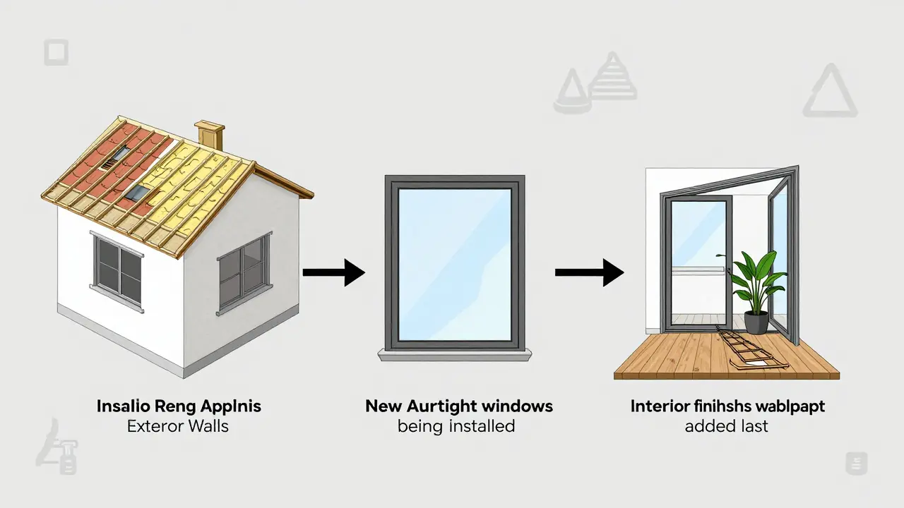 Schritt-für-Schritt-Reihenfolge der Sanierung: Dämmung, Fenster, Lüftung, Innenausbau.