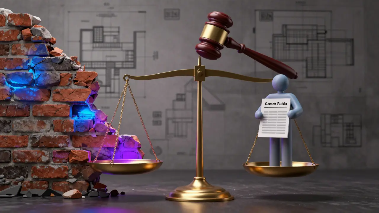 Symbolic balance scale showing a crumbling wall versus a tenant's ventilation schedule, representing legal burden of proof.