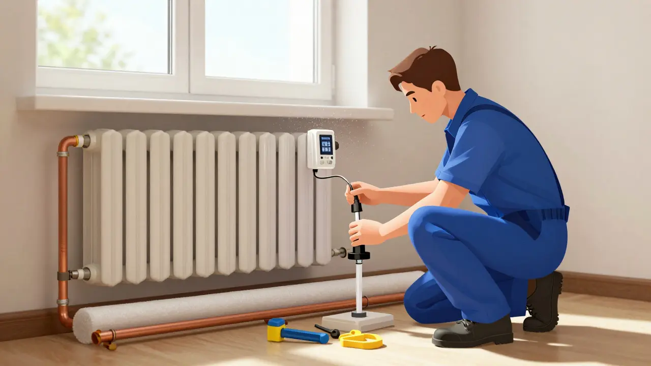 Techniker führt hydraulischen Abgleich an Heizungsrohren mit Dämmung und neuen Thermostaten durch.