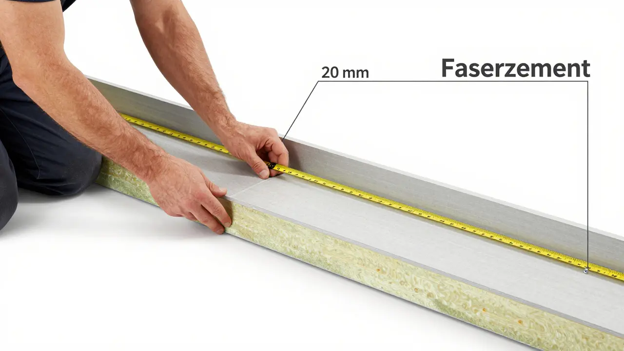 Technische Darstellung der korrekten Montage von Faserzementtafeln mit Abständen, Dichtbändern und Befestigungspunkten.