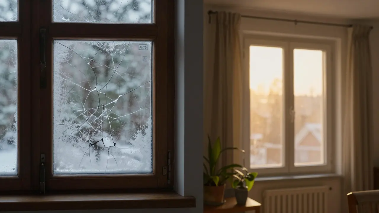 Vergleich: altes, beschlagenes Fenster links, modernes energieeffizientes Fenster rechts mit warmem Licht und keiner Kondensation.