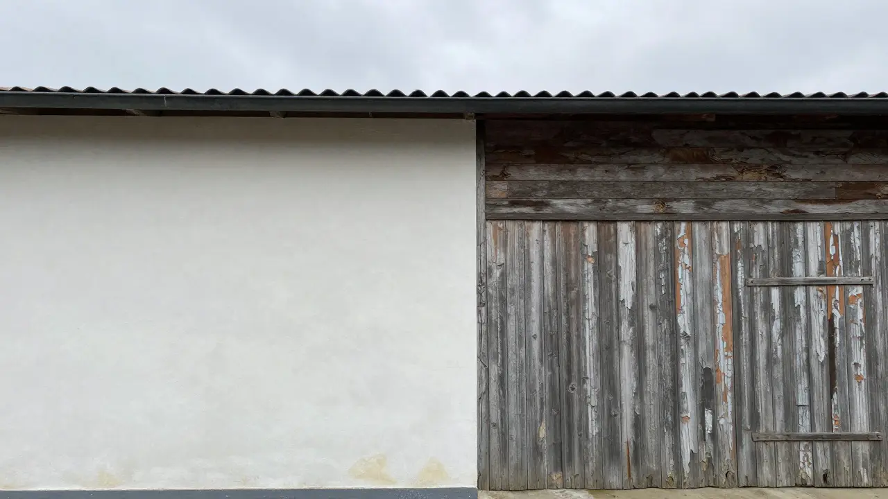 Vergleich einer 20 Jahre alten Faserzementfassade (unbeschädigt) und einer verwitterten Holzfassade unter gleichem Himmel.