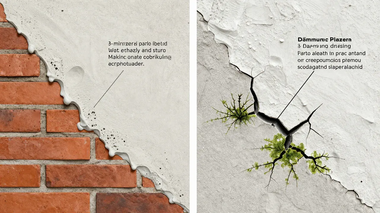 Vergleichende Darstellung: mineralischer Putz atmet, synthetischer Putz speichert Feuchtigkeit und verursacht Schimmel.