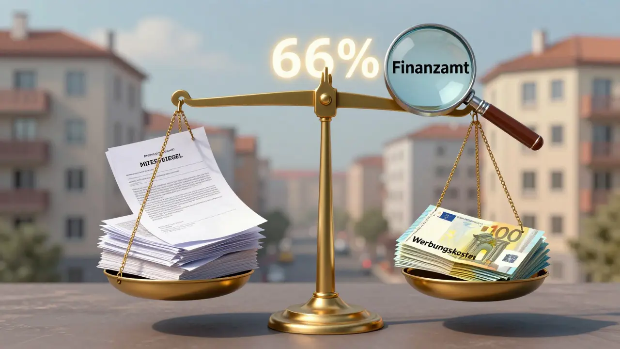 Waage mit Dokumenten und Geld: 66%-Schwelle entscheidet über steuerliche Absetzbarkeit.