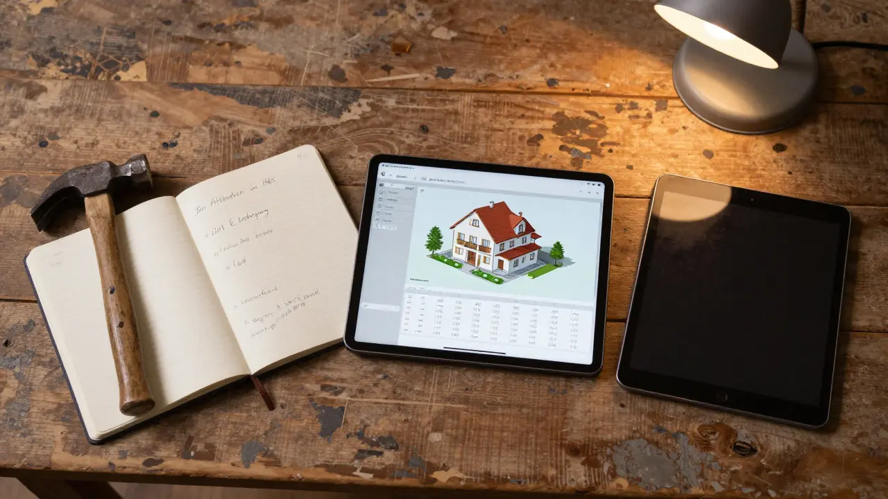 Auf einem Holztisch liegen handschriftliche Lernregeln neben einem Tablet mit BIM-Modell – Analog und Digital vereint.