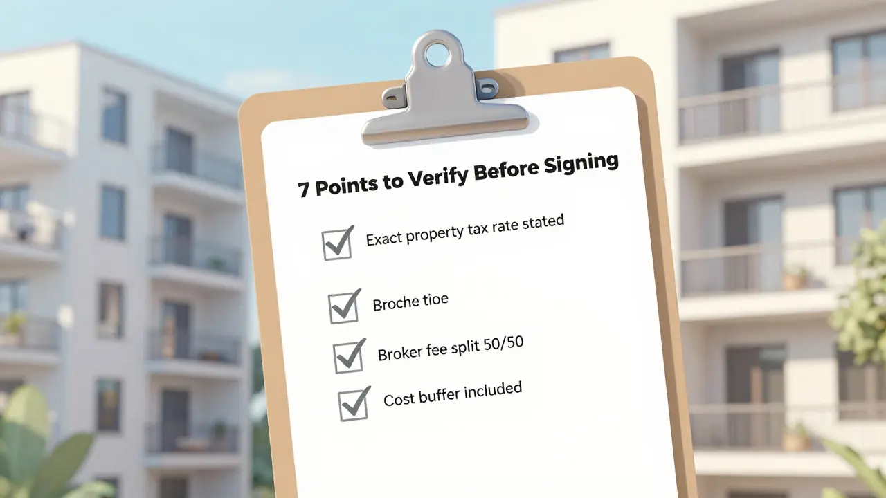 Checkliste mit abgehakten Punkten für Immobilienkauf, vor einem österreichischen Wohnhaus, mit klarem Fokus auf vertragliche Sicherheit.