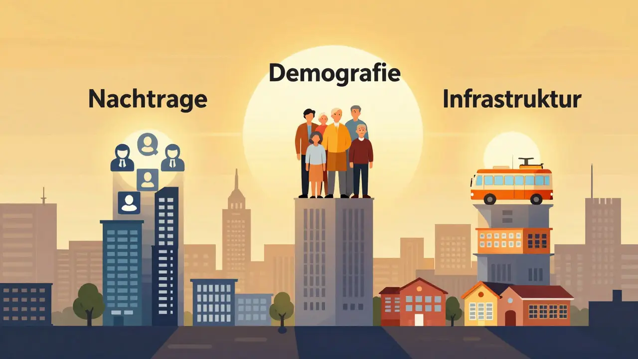 Drei Säulen mit Symbolen für Nachfrage, Demografie und Infrastruktur, die eine sichere Immobilieninvestition repräsentieren.